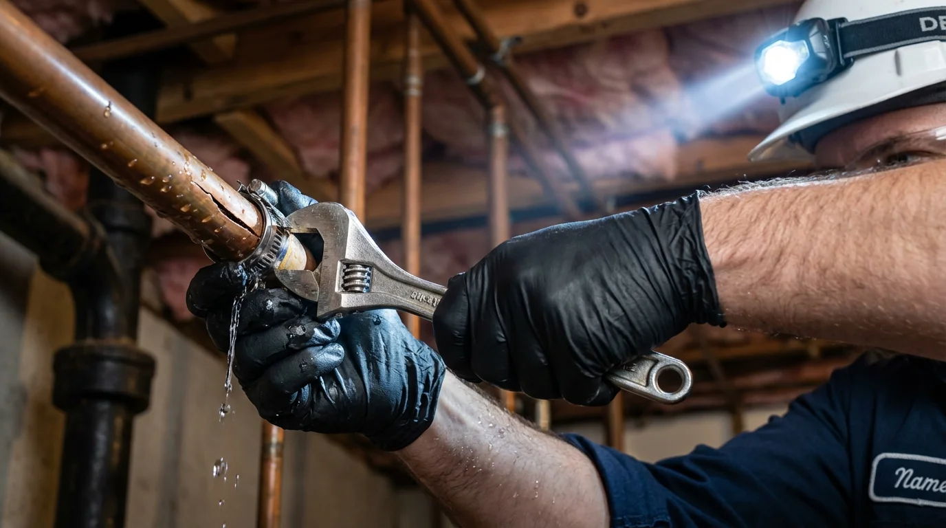 Emergency pipe clamp repair being performed by a Johns Plumbing LLC plumber in Bradley Beach