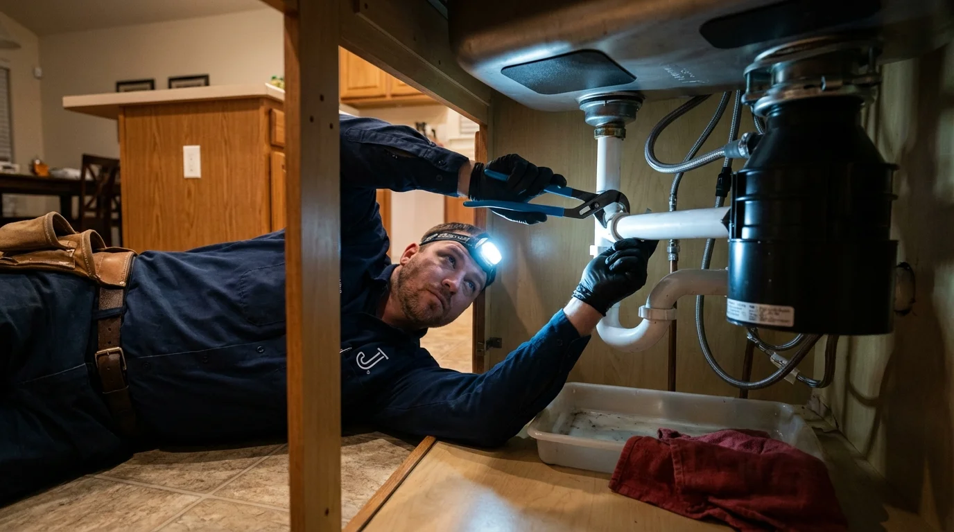 P-trap and supply line connections under a kitchen sink showing a common leak point in Bradley Beach, NJ